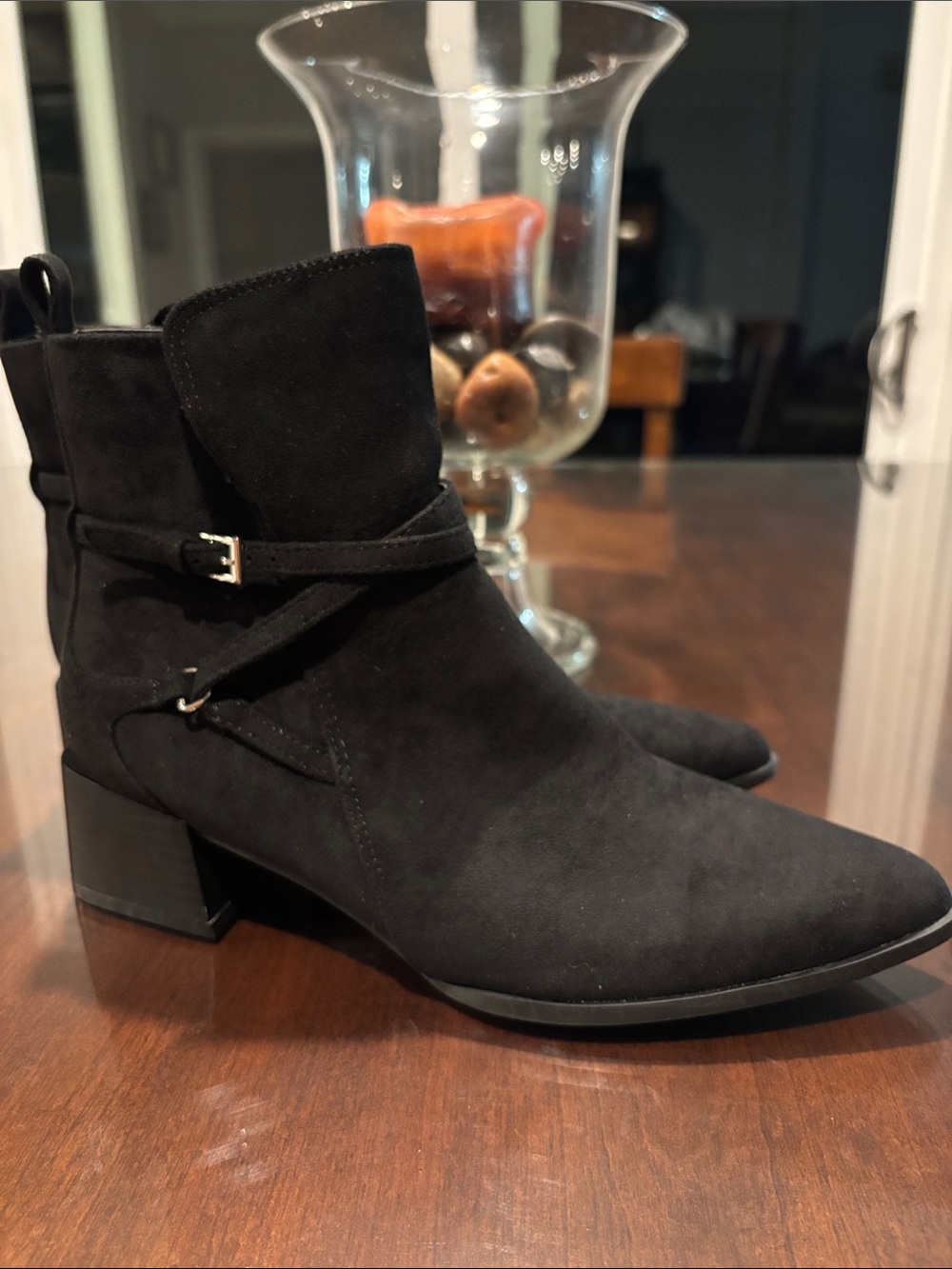 Journee Collection Faux Black Suede Ankle Booties with Wrap Strap